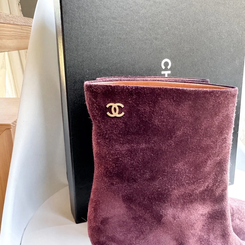Chanel Burgundy Suede Ankle Boots with Gold CC